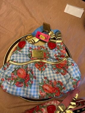 Betsey Johnson Betseyville Blue Gingham Floral Rose Heart Purse Bag Vintage NWT